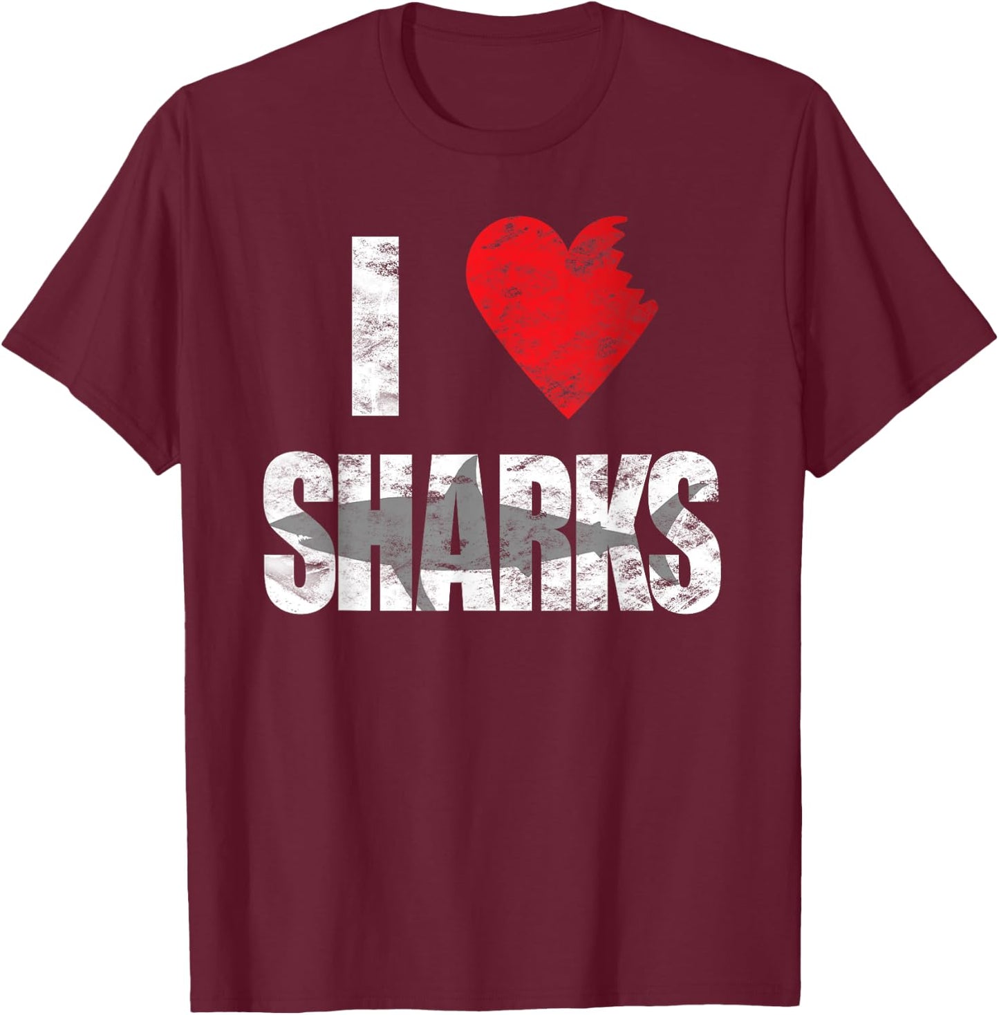 I Love Sharks Cool Shark Bite Heart Distressed T-Shirt - T-Shirt | Maroon