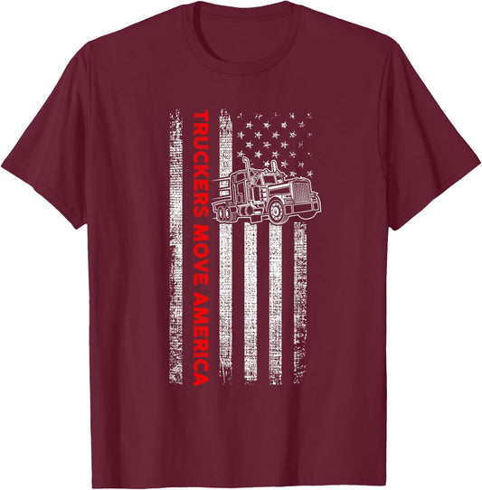 Truckers Move America - Patriotic Trucker - American Flag T-Shirt - T-Shirt | Maroon