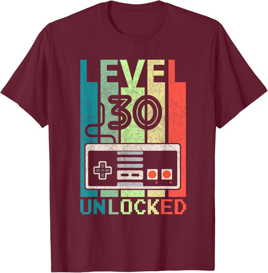 Level 30 Unlocked Shirt Video Gamer 30th Birthday Gifts T-Shirt - T-Shirt | Maroon
