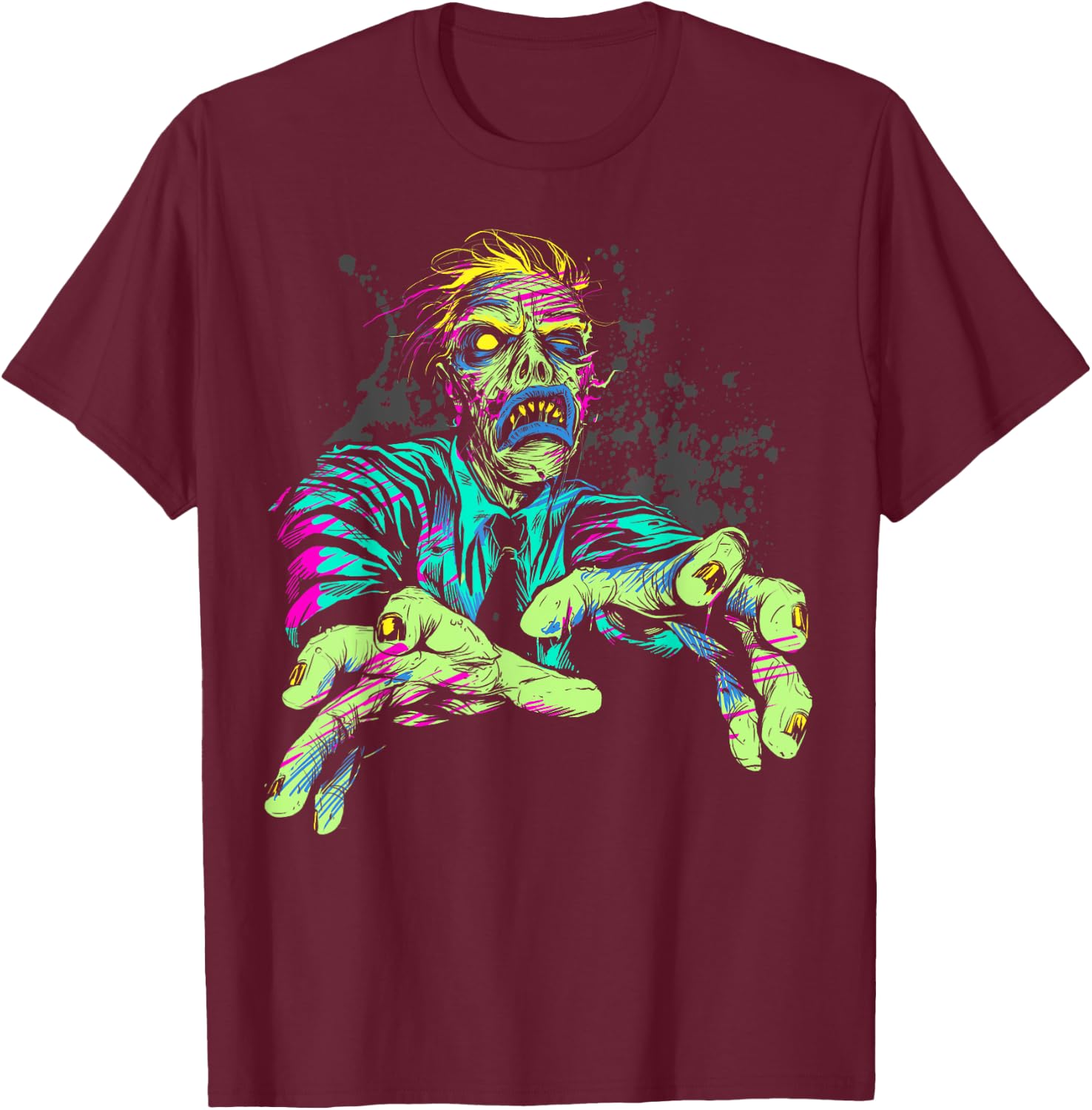 Halloween Neon Zombie Walk Splattered T-Shirt - T-Shirt | Maroon