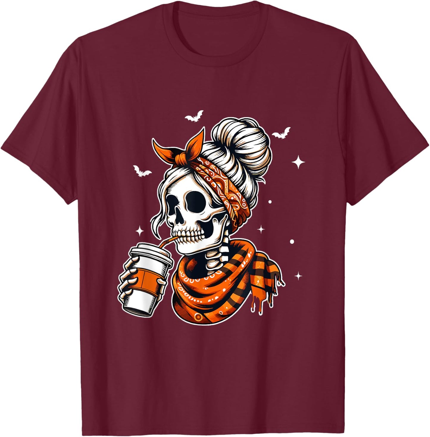 Halloween Skeleton Messy Bun Coffee Funny Halloween Mom T-Shirt - T-Shirt | Maroon