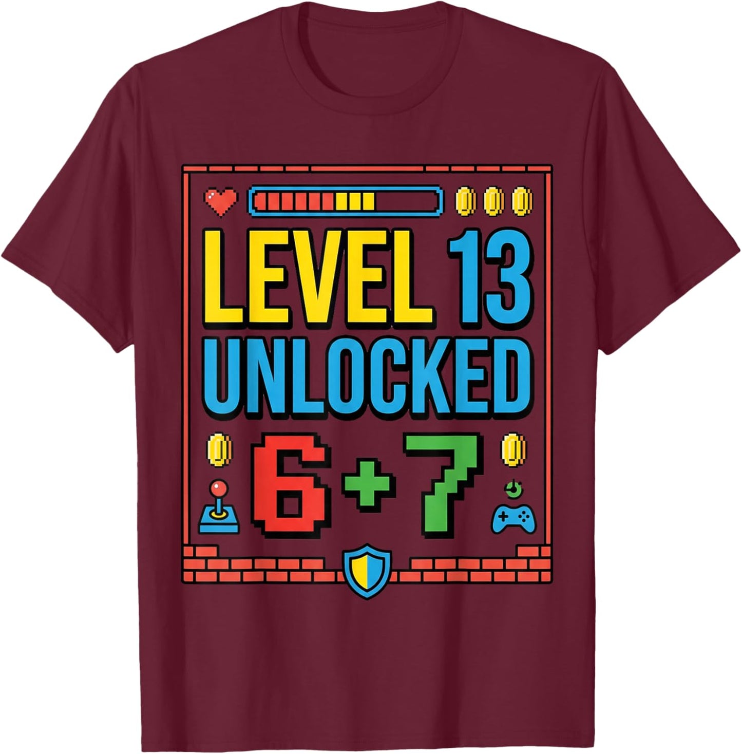 13th Birthday Boys Official Teenager Six Seven Meme Gaming T-Shirt - T-Shirt | Maroon