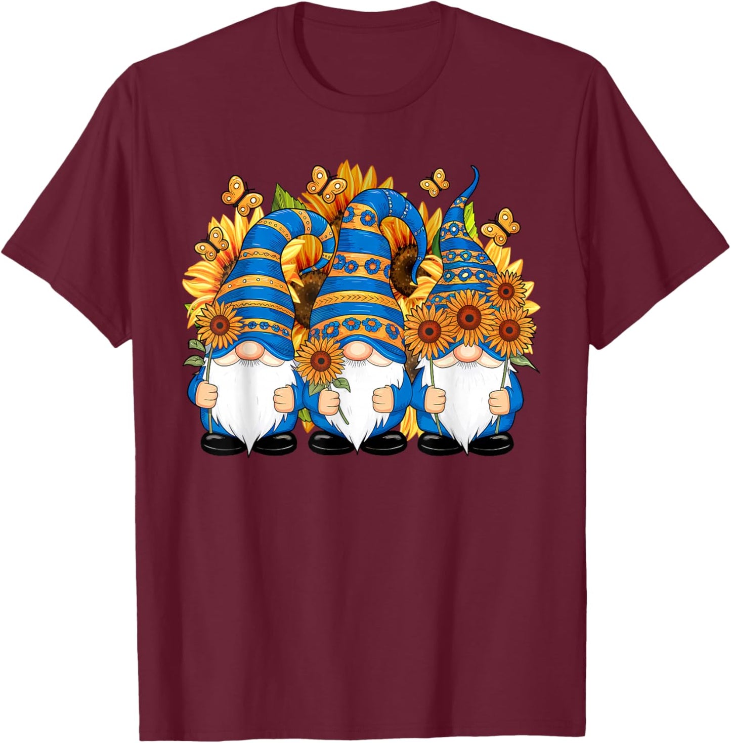 Cute Gnomes With Sunflower Butterfly Gardeners Summer Floral T-Shirt - T-Shirt | Maroon