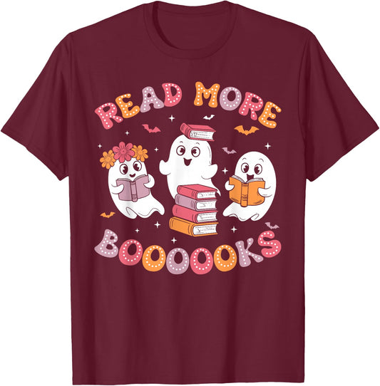 Cute Ghost Book Read More Books Funny Teachers Halloween T-Shirt - T-Shirt | Maroon