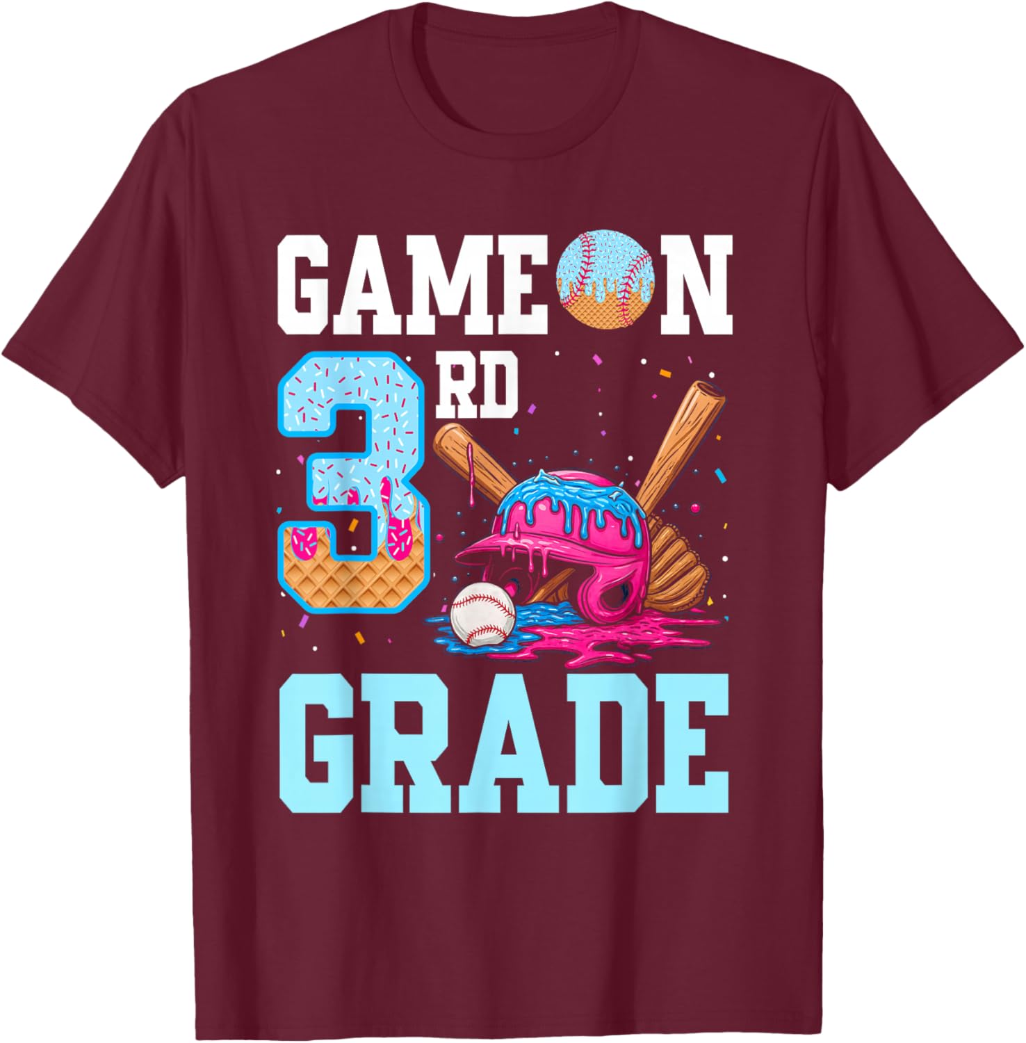 3rd Grade Back to School Baseball Drip Ice Cream Game On Kid T-Shirt - T-Shirt | Maroon