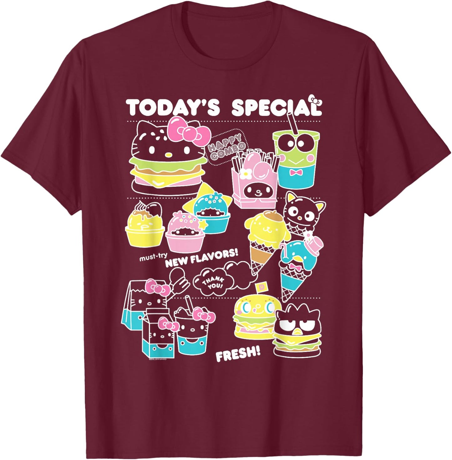 Hello Sanrio Kawaii Burger Shop Foodie Menu Shirt T-Shirt - T-Shirt | Maroon