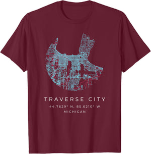 Traverse City Michigan Map Art Graphic with Coordinates T-Shirt - T-Shirt | Maroon