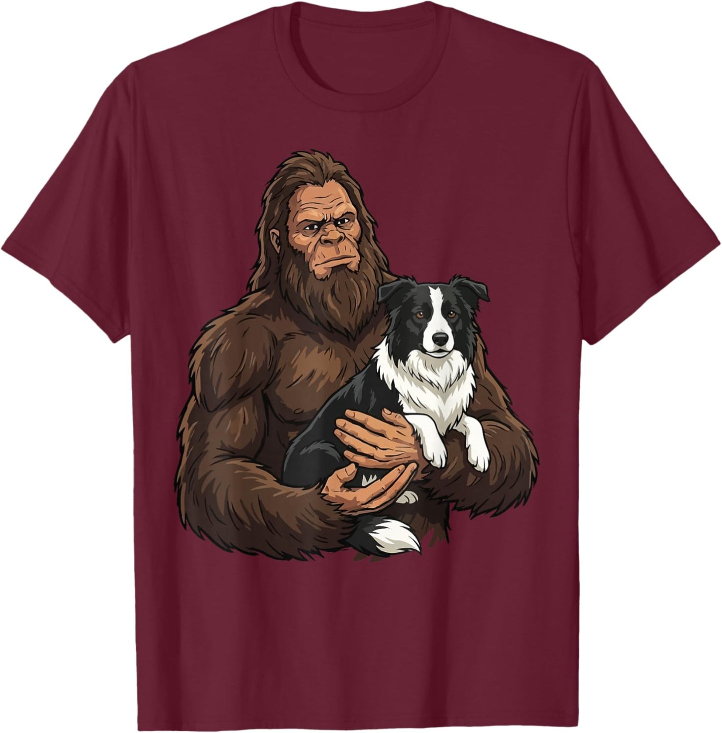 Bigfoot Holding Border Collie T-Shirt - T-Shirt | Maroon