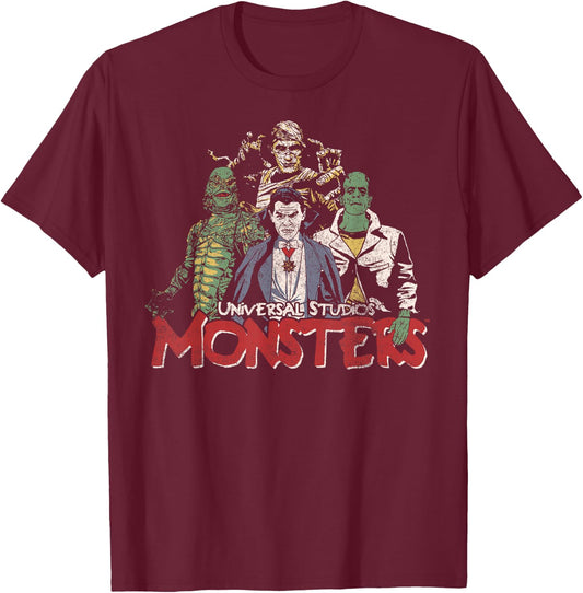 Universal Monsters Vintage Group Shot T-Shirt - T-Shirt | Maroon