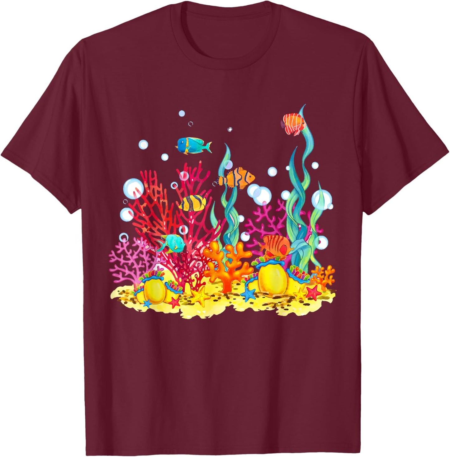 Watercolour coral reef with fish, beautiful underwater world T-Shirt - T-Shirt | Maroon