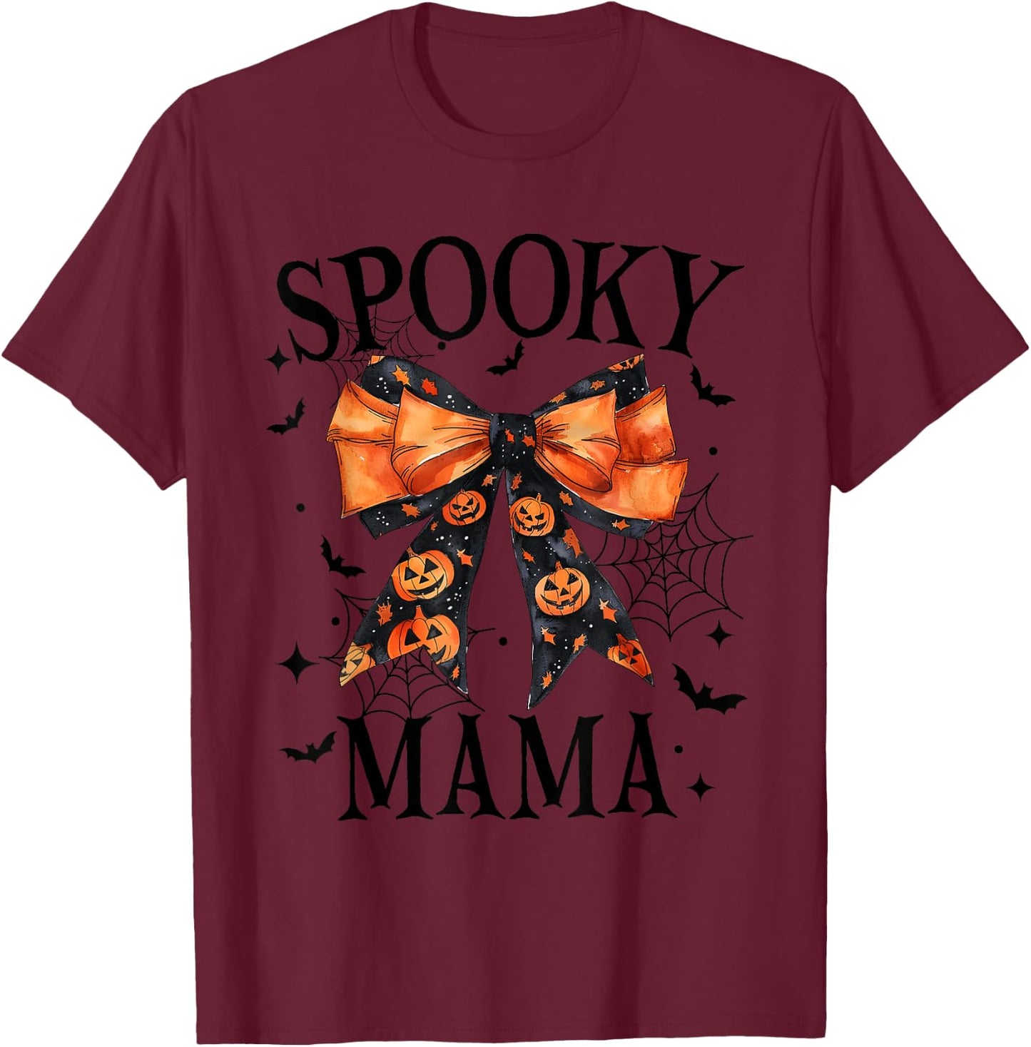 Spooky Mama Coquette Bow Pumpkin Funny Halloween T-Shirt - T-Shirt | Maroon
