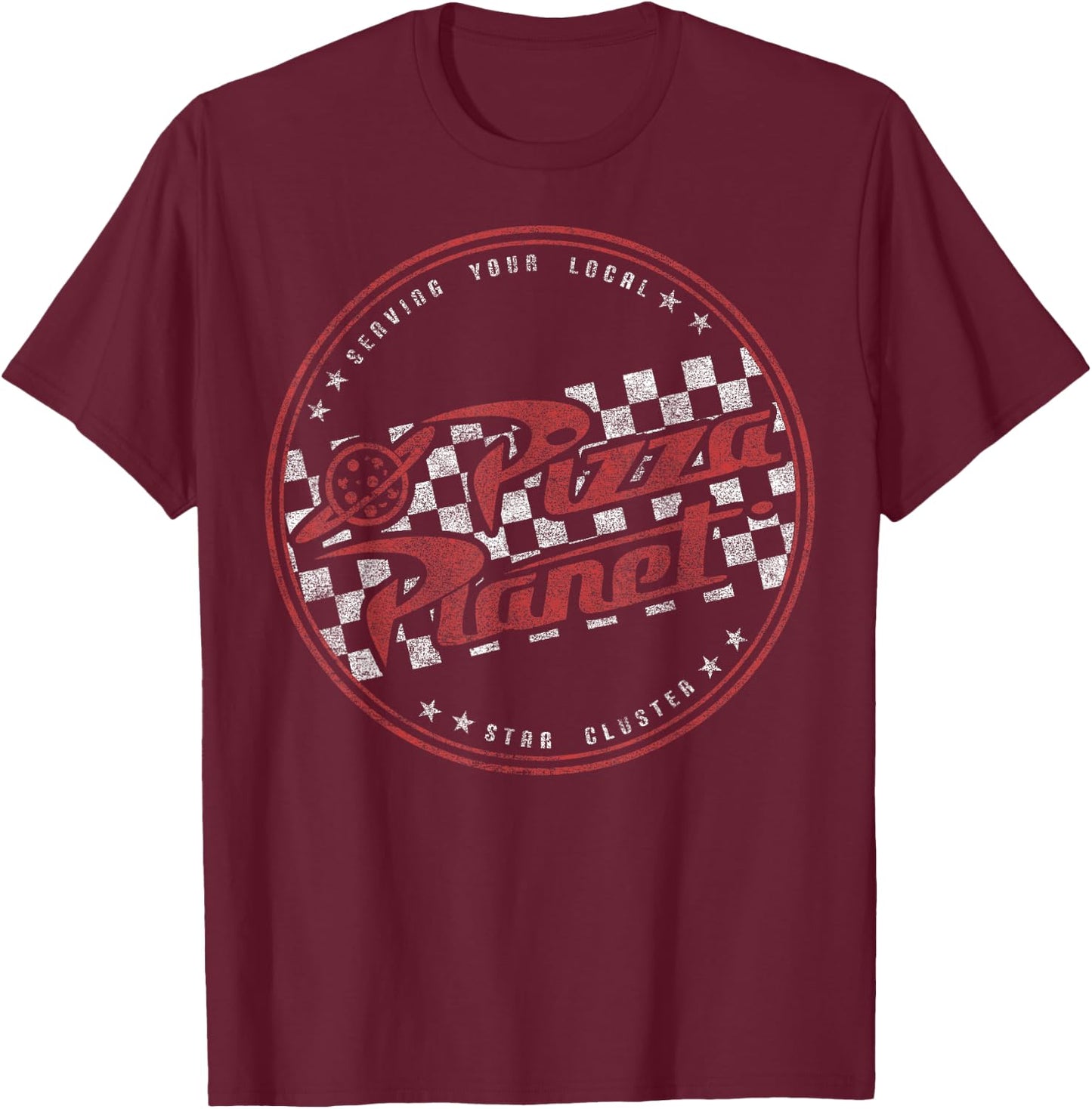 Disney Pixar Toy Story Pizza Planet Checkered Logo T-Shirt - T-Shirt | Maroon