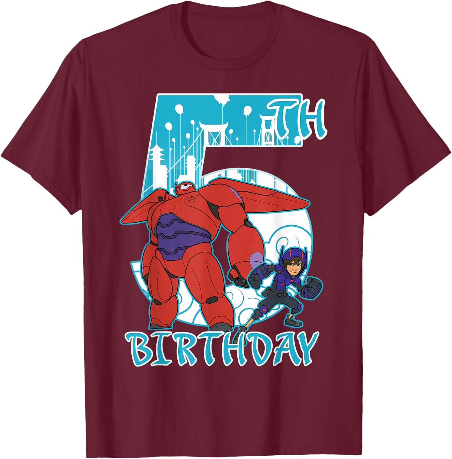 Disney Big Hero 6 Baymax Hiro 5th Birthday Graphic T-Shirt - T-Shirt | Maroon