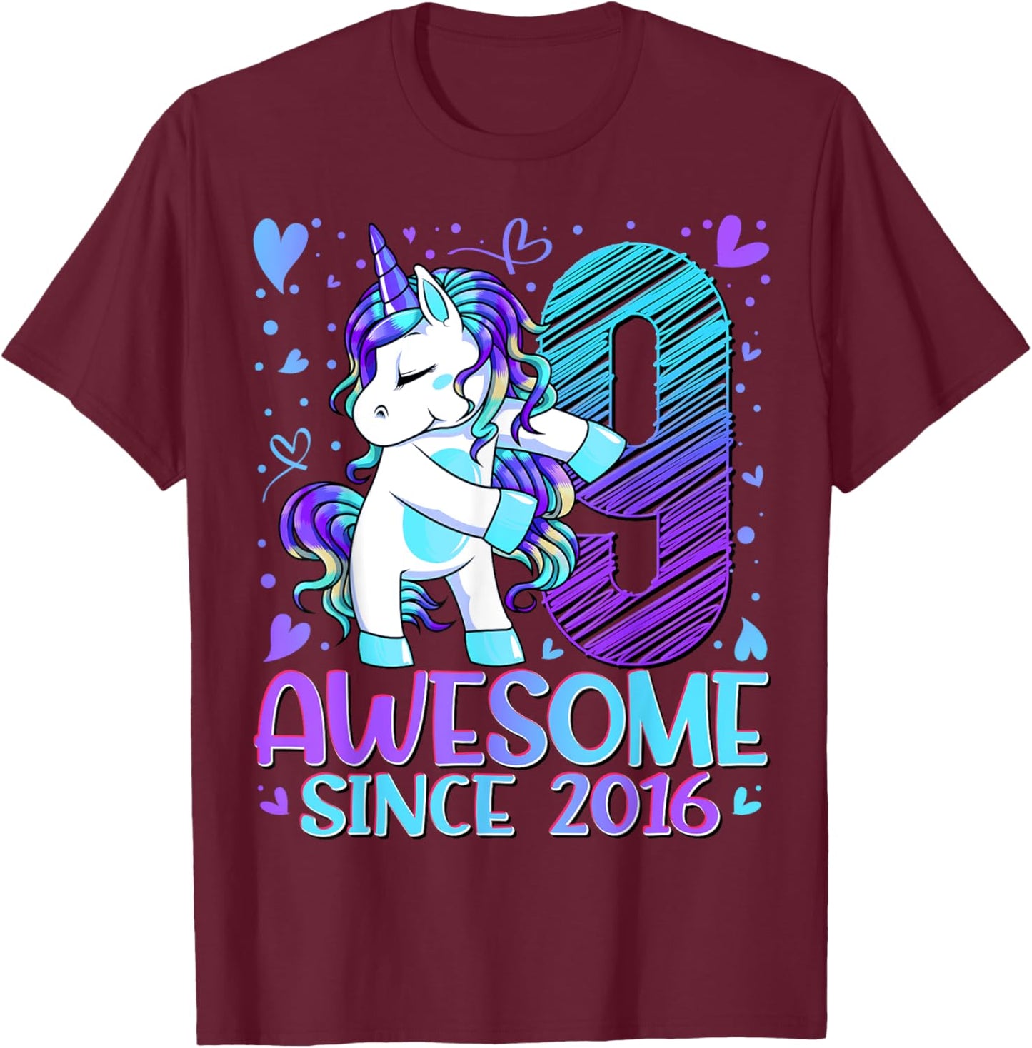 9 Year Old Unicorn Gifts For Girls 9th Birthday Girl Party T-Shirt - T-Shirt | Maroon
