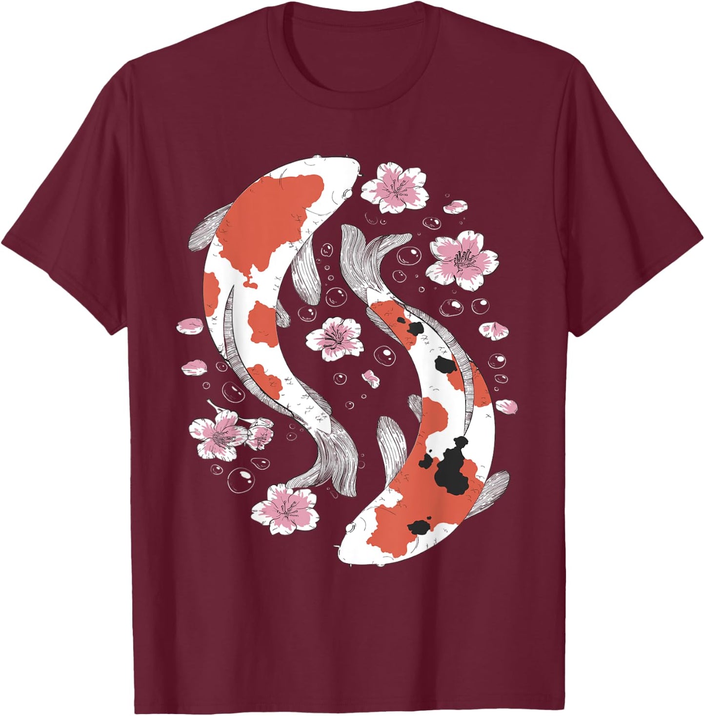 Japanese Koi Fish Sakura Cherry Blossom Floral Art T-Shirt - T-Shirt | Maroon