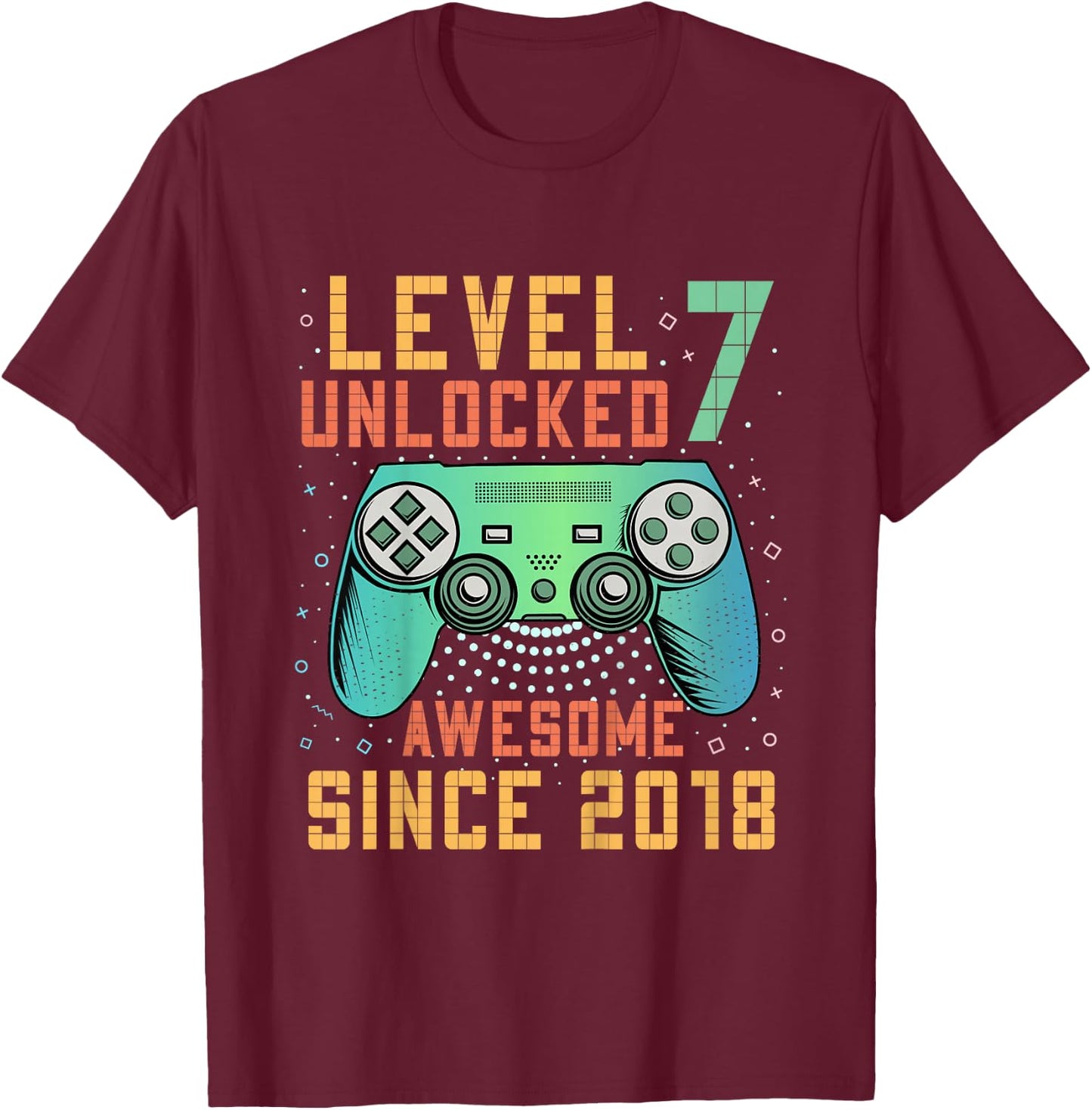 Kids Level 7 Unlocked 7th Birthday 7 Year Old Boy Gifts Gaming T-Shirt - T-Shirt | Maroon