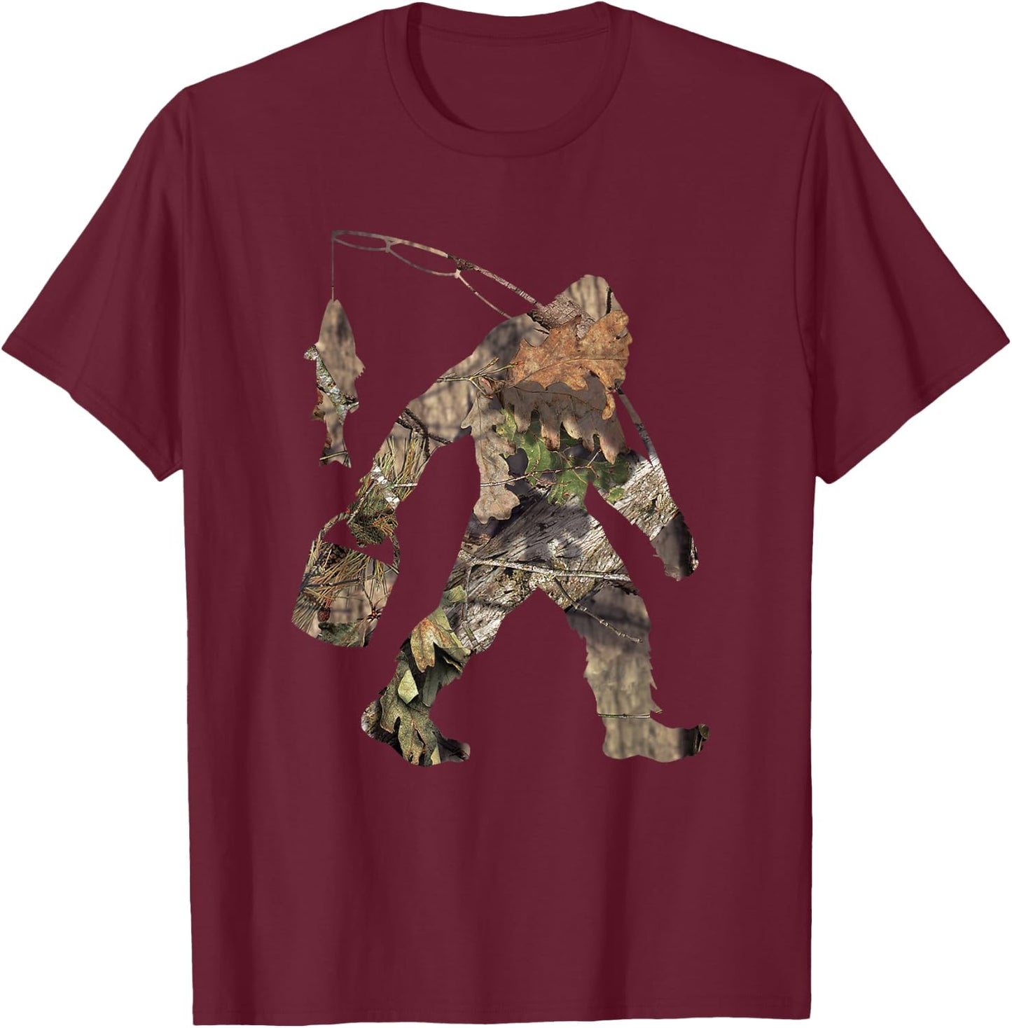 Fishing Bigfoot Carrying Fishing Pole Camo Sasquatch T-Shirt - T-Shirt | Maroon