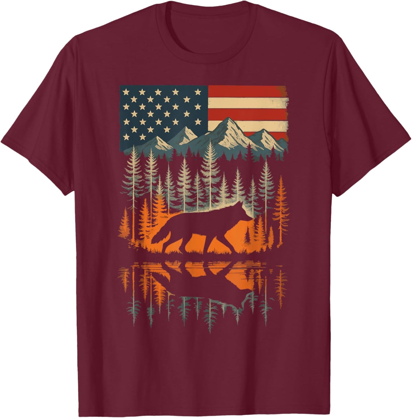 Wolf USA Flag Mountain Outdoor Wildlife Retro T-Shirt - T-Shirt | Maroon