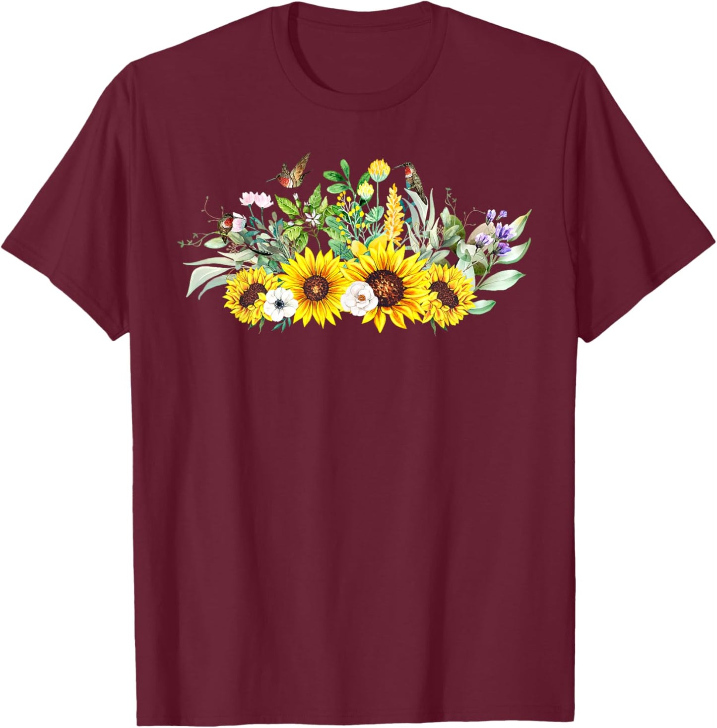 Sunflower Hummingbird Garden Birdwatching Nature Lover T-Shirt - T-Shirt | Maroon