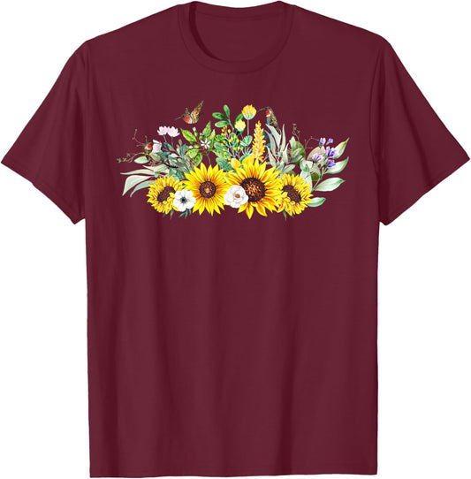 Sunflower Hummingbird Garden Birdwatching Nature Lover T-Shirt - T-Shirt | Maroon