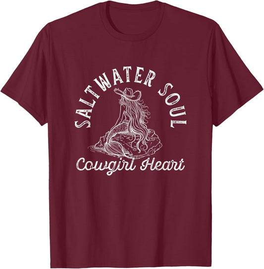Coastal Cowgirl Mermaid Core Aesthetic Western Cute Beachy T-Shirt - T-Shirt | Maroon