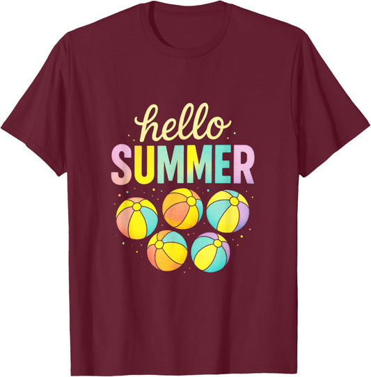Hello Summer - Beach Balls Retro Fun T-Shirt - T-Shirt | Maroon