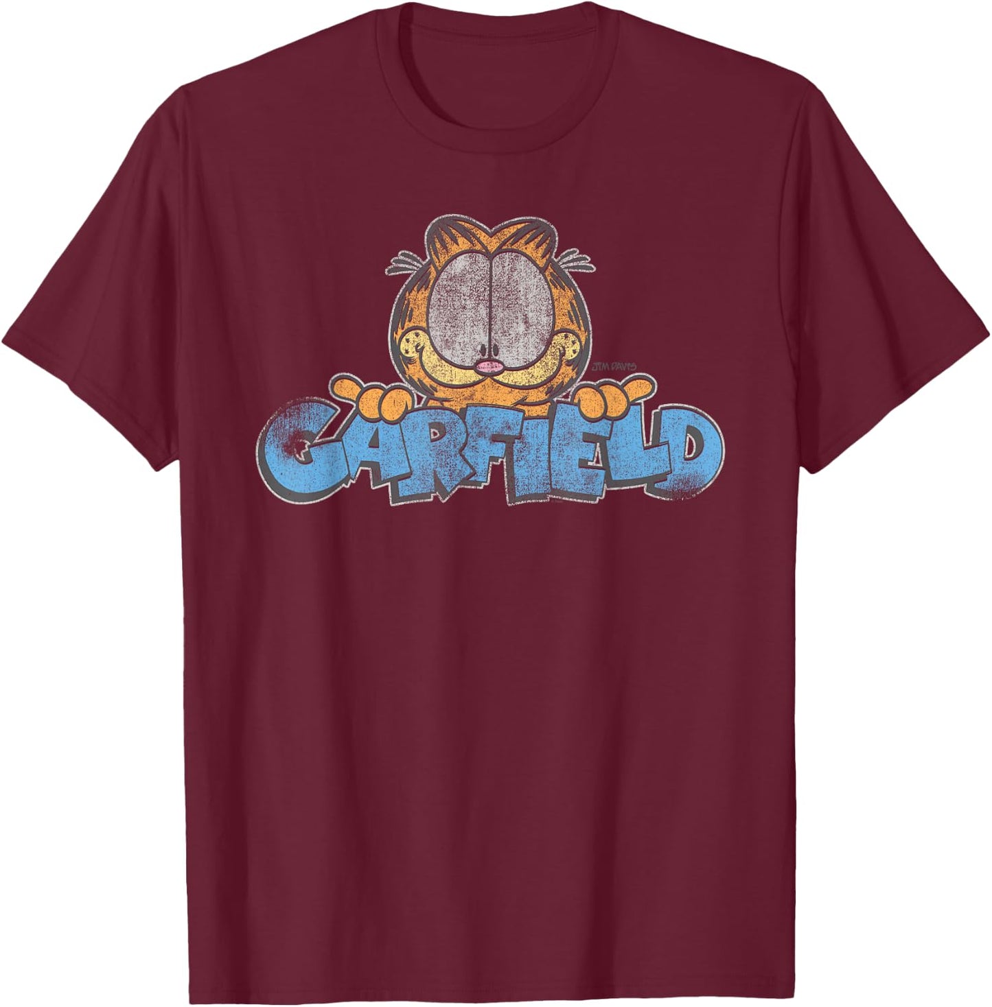 Garfield Distressed Garfield Face with Logo Cartoon Cat T-Shirt - T-Shirt | Maroon