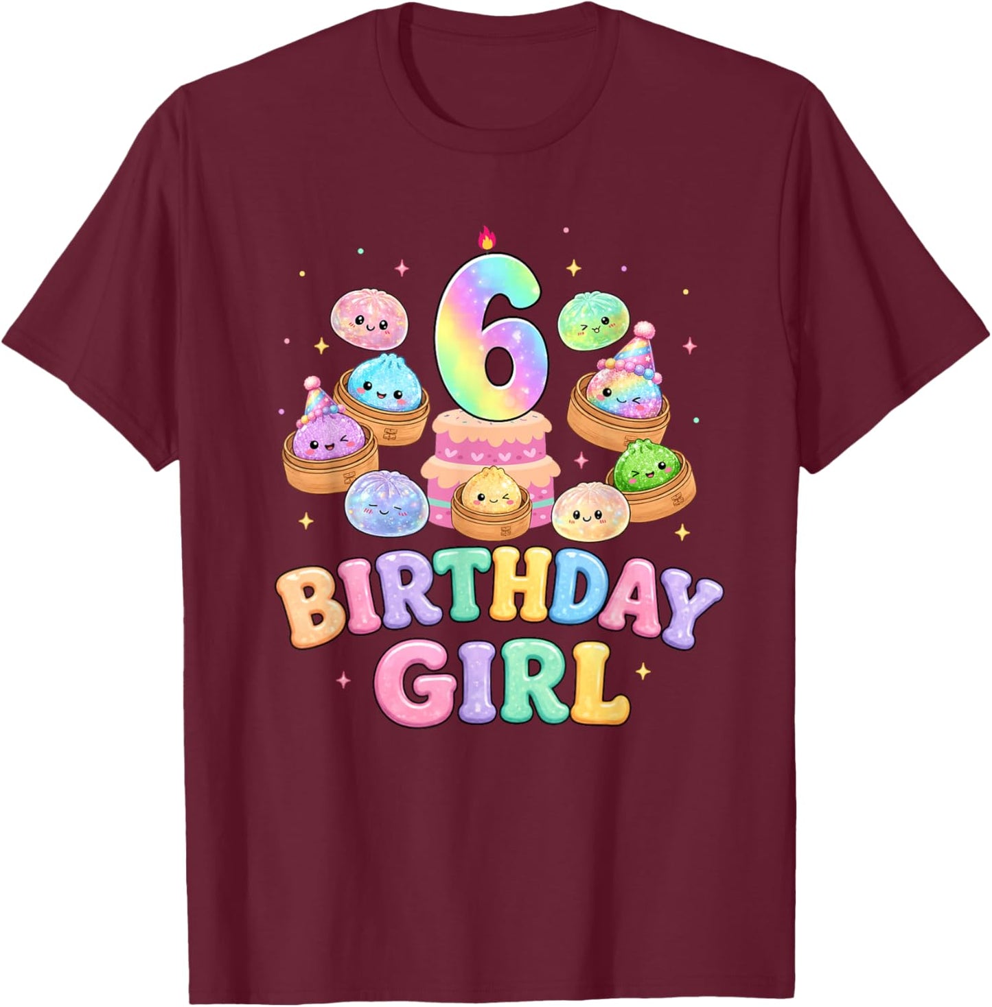 6th Birthday Girl Dumpling Shirt Cute Kawaii Dumpling Party T-Shirt - T-Shirt | Maroon