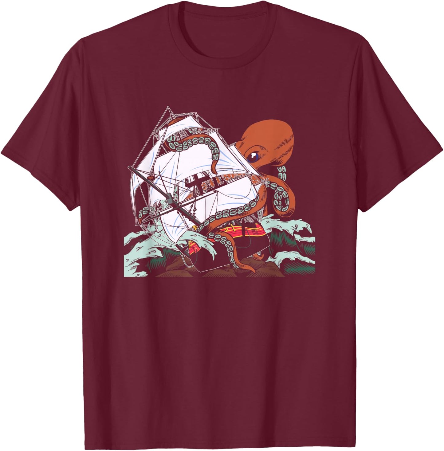 The Kraken - Sea Monster Octopus Shipwreck T-Shirt - T-Shirt | Maroon