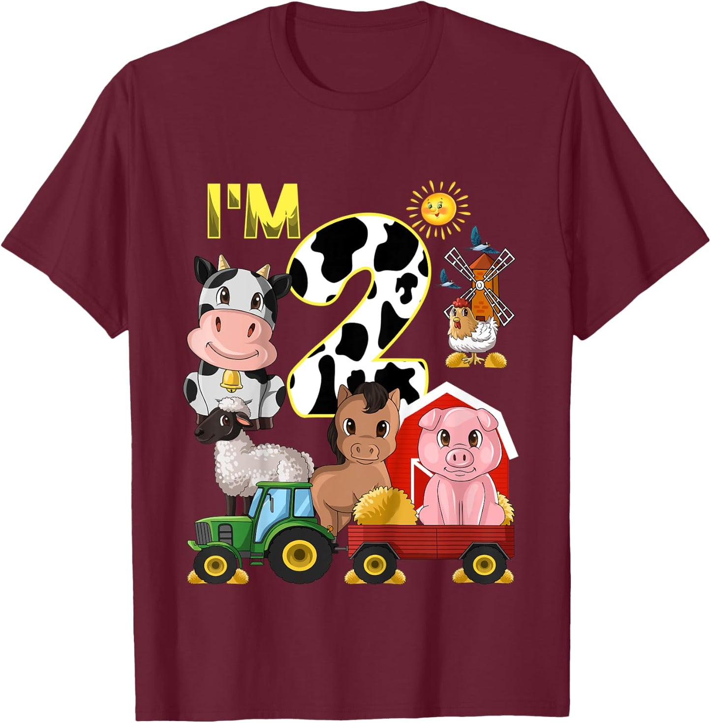 Kids Farm Animals Tractor 2nd Birthday 2 Year Old Birthday Party T-Shirt - T-Shirt | Maroon