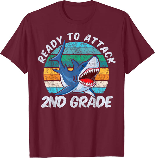 Ready To Attack 2nd Grade Shark Gift Back to School T-Shirt - T-Shirt | Maroon