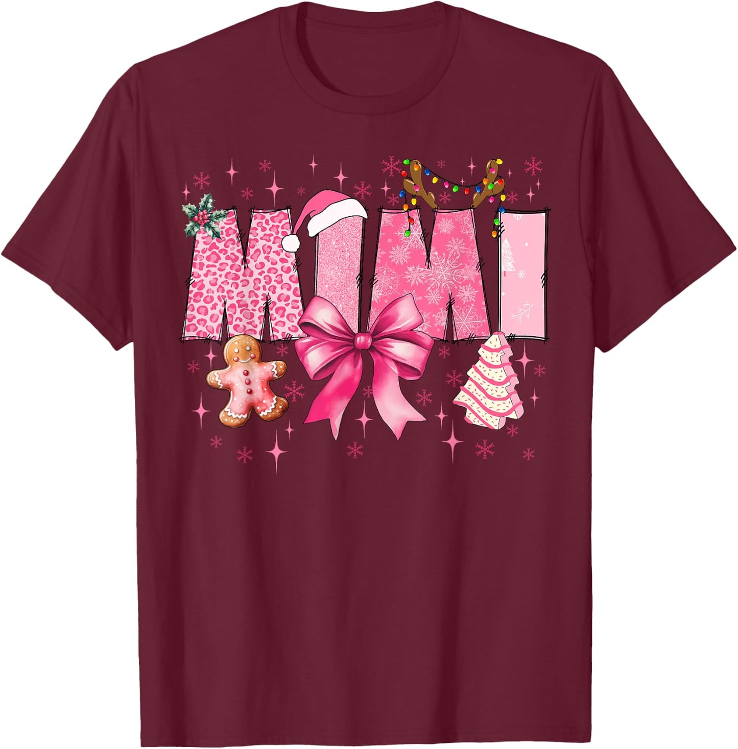Mimi Cute Pink Coquette Bow Christmas Matching Family Xmas T-Shirt - T-Shirt | Maroon