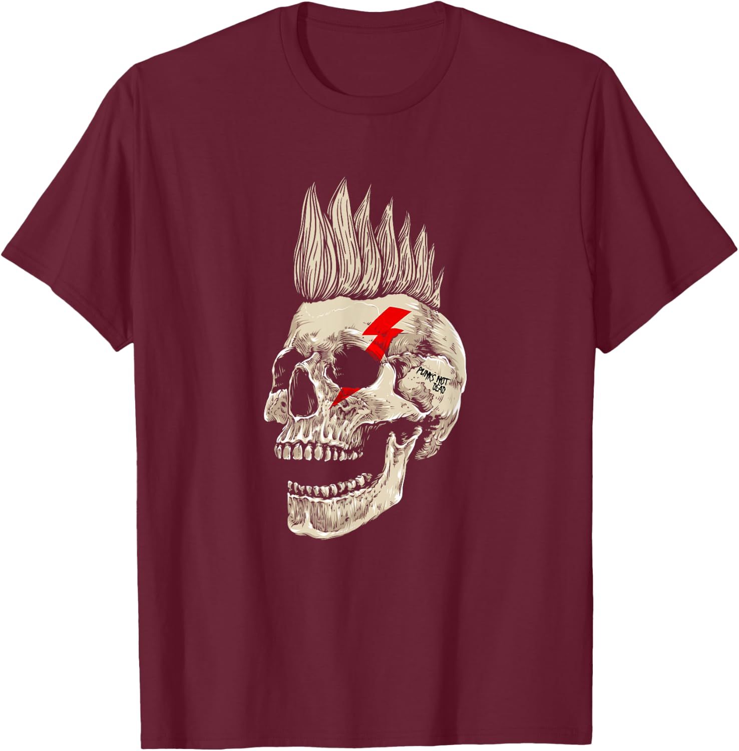Punk Rock Skull Mohawk Punk's Not Dead T-Shirt - T-Shirt | Maroon