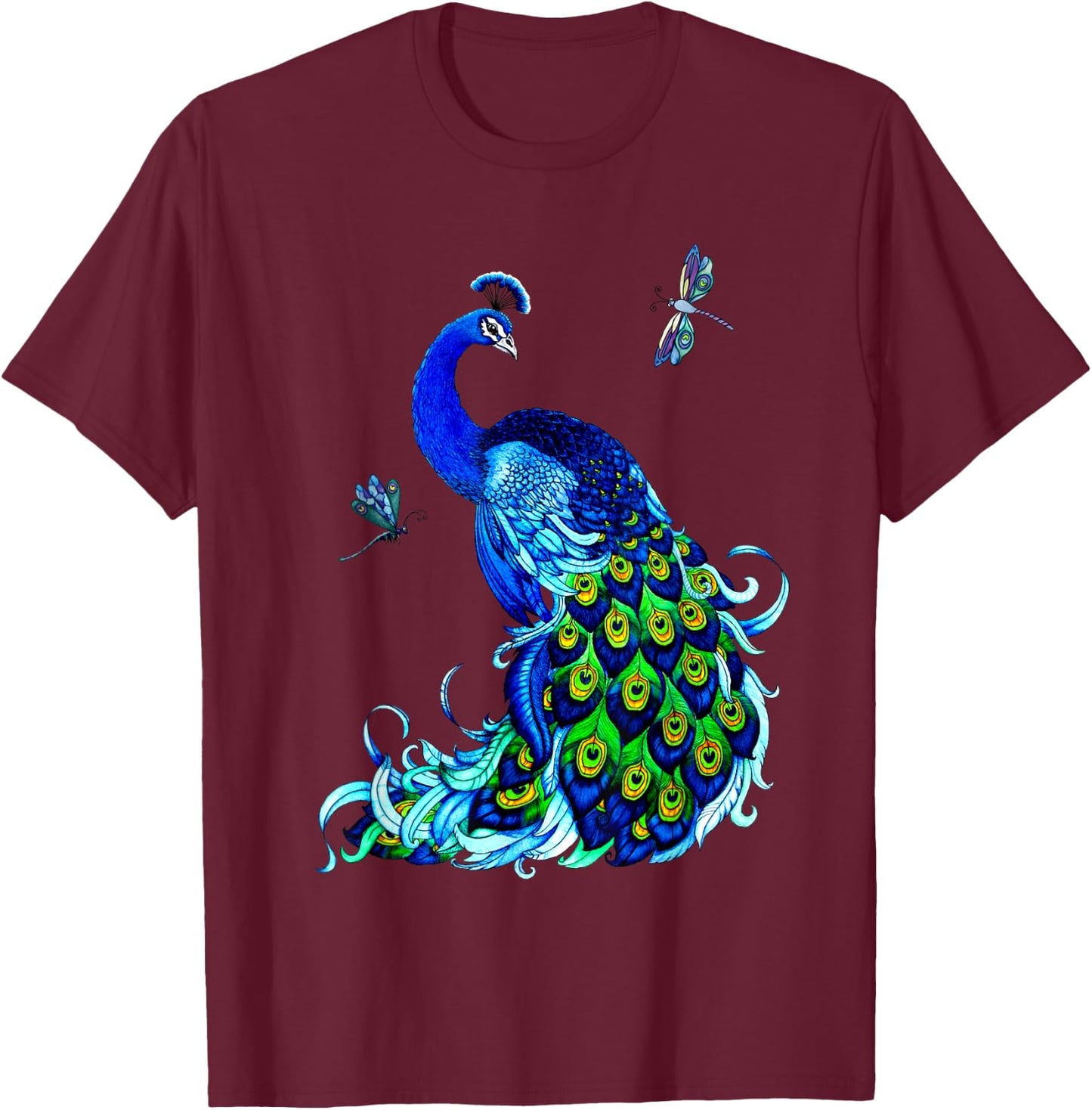 Blue Peacock and Dragonflies T-Shirt - T-Shirt | Maroon
