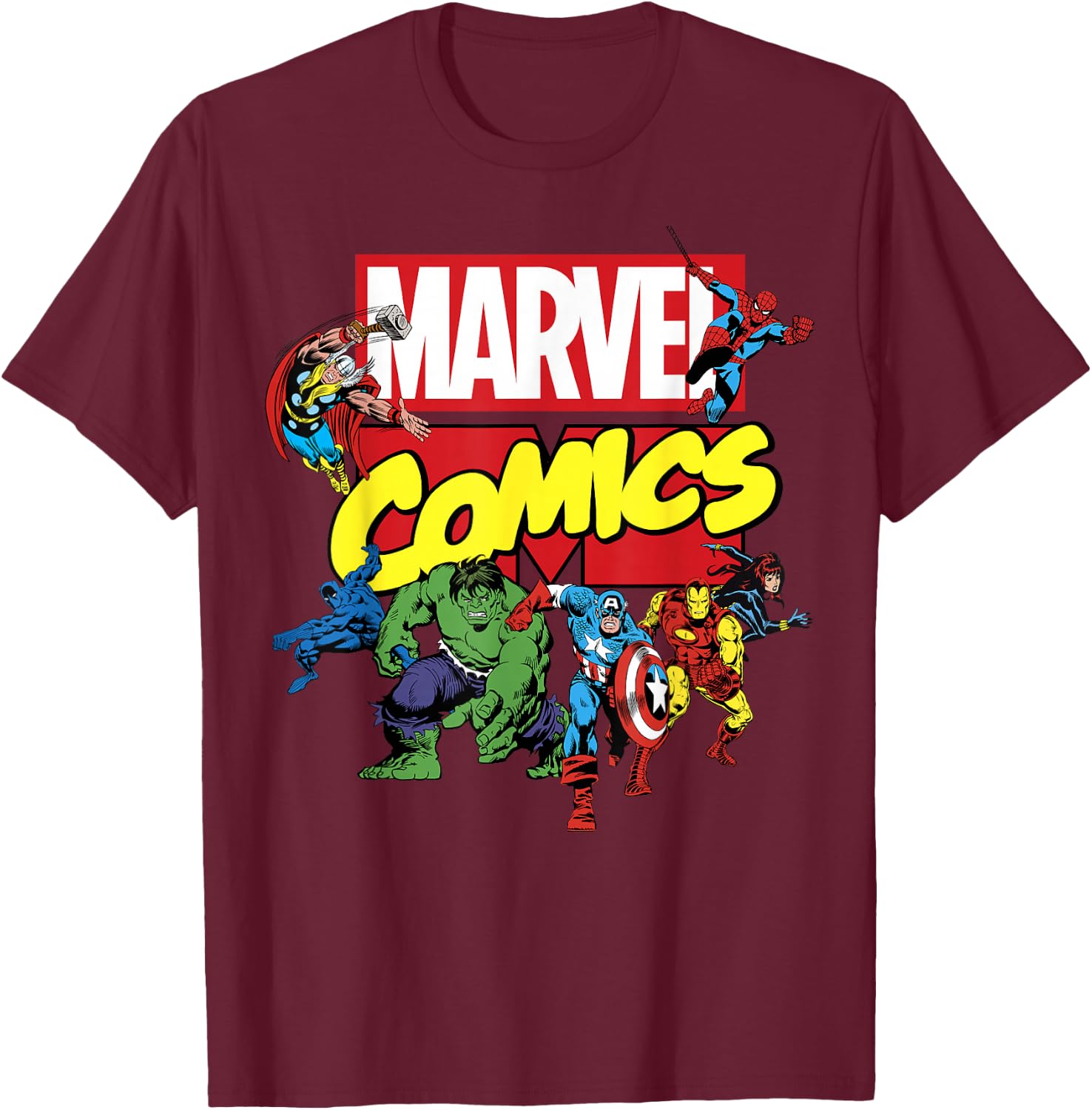 Marvel Exclusive Avengers Retro Comic Group Shot Logo T-Shirt - T-Shirt | Maroon