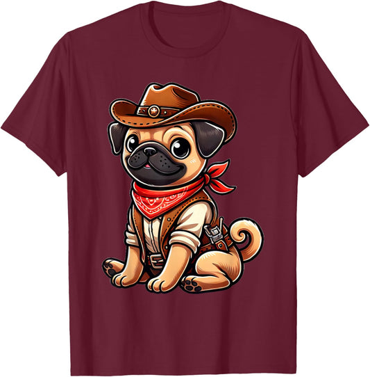 Pug Dressed As A Cowboy Funny Dog Pug T-Shirt - T-Shirt | Maroon