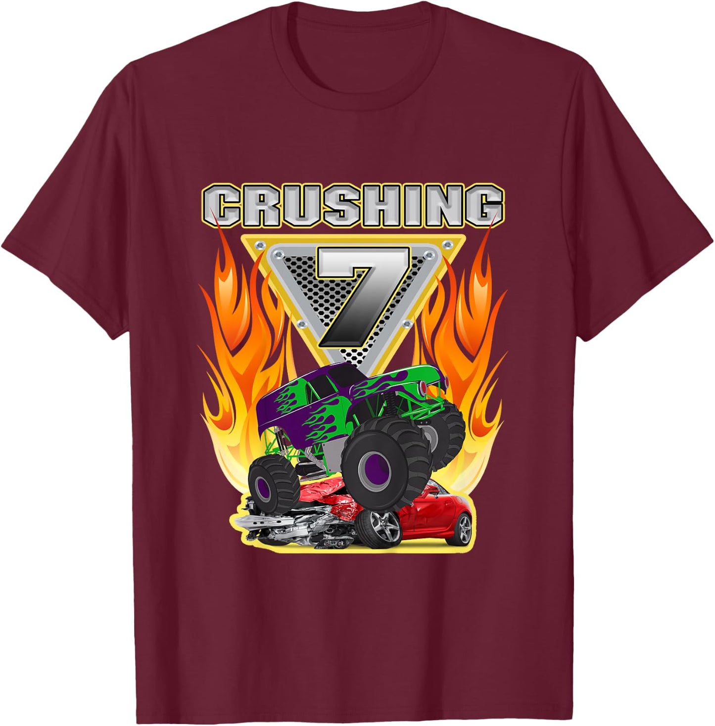 Monster Truck Crushing being Seven 7 Years Old 7th Birthday T-Shirt - T-Shirt | Maroon