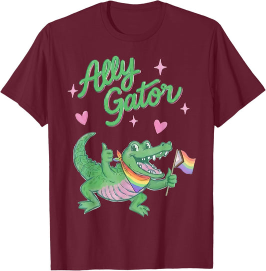 Ally Gator Pride LGBT Rainbow Flag Funny Alligator Men Women T-Shirt - T-Shirt | Maroon
