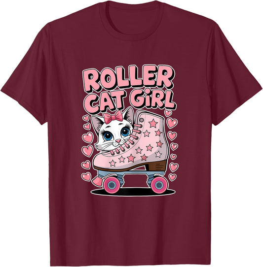 Roller Cat Girl Skating Cat Funny Roller Skating T-Shirt - T-Shirt | Maroon
