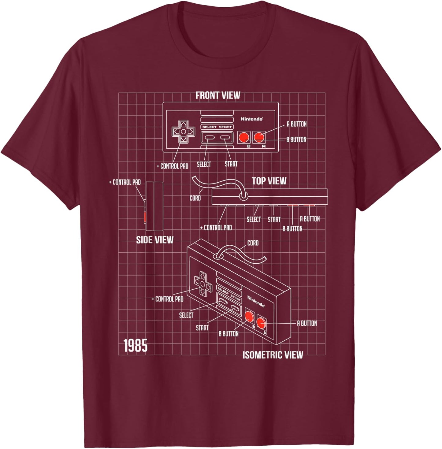 Nintendo NES Controller Parts Schematic Graphic T-Shirt - T-Shirt | Maroon