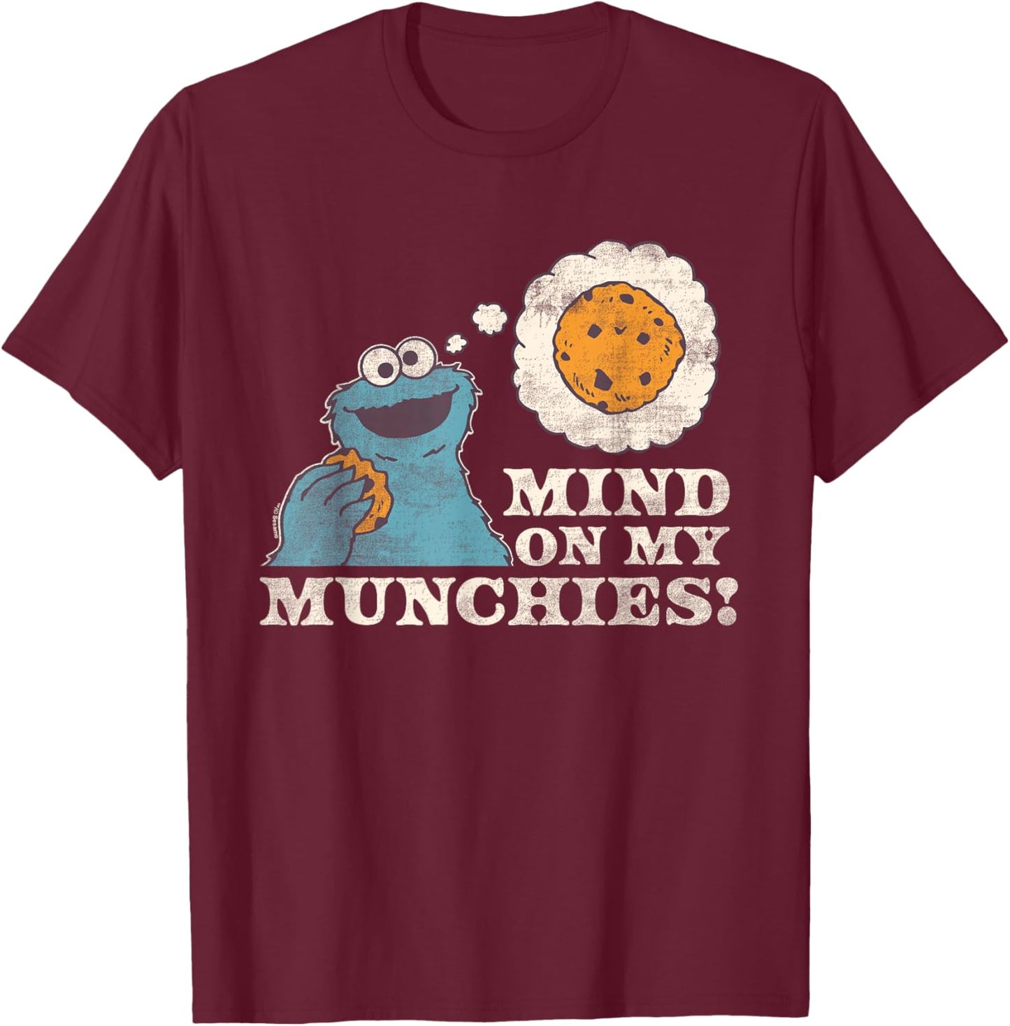 Sesame Street Vintage Heart Cookie Monster, Mind On Munchies T-Shirt - T-Shirt | Maroon