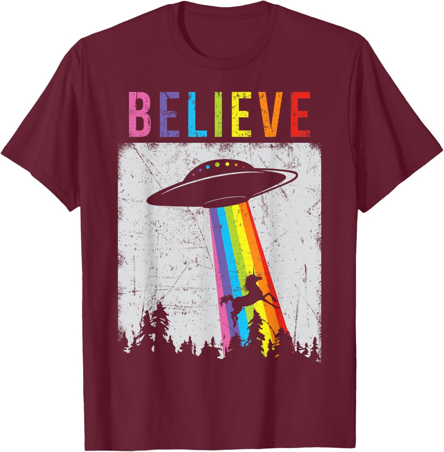 Alien Unicorn UFO Rainbow T-Shirt - T-Shirt | Maroon