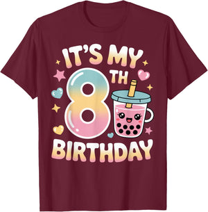 It's My 8th Birthday Boba Lover Fun Kids Party Celebration T-Shirt - T-Shirt | Maroon