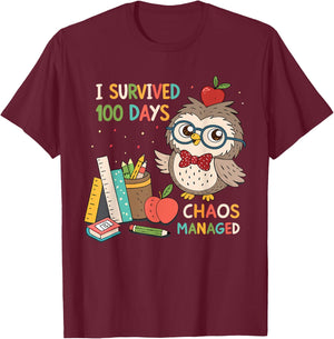 100th Day of School - I Survived 100 Days - Chaos Managed T-Shirt - T-Shirt | Maroon
