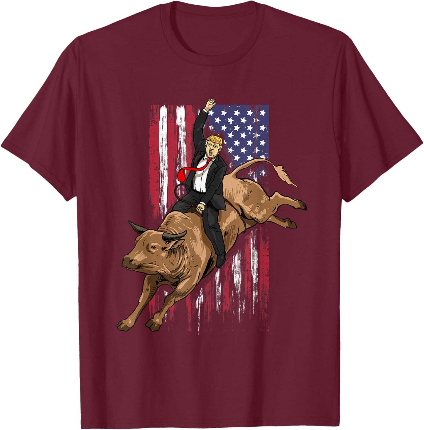 Rodeo Bull Rider Trump American Flag Cowboy Bull Riding T-Shirt - T-Shirt | Maroon
