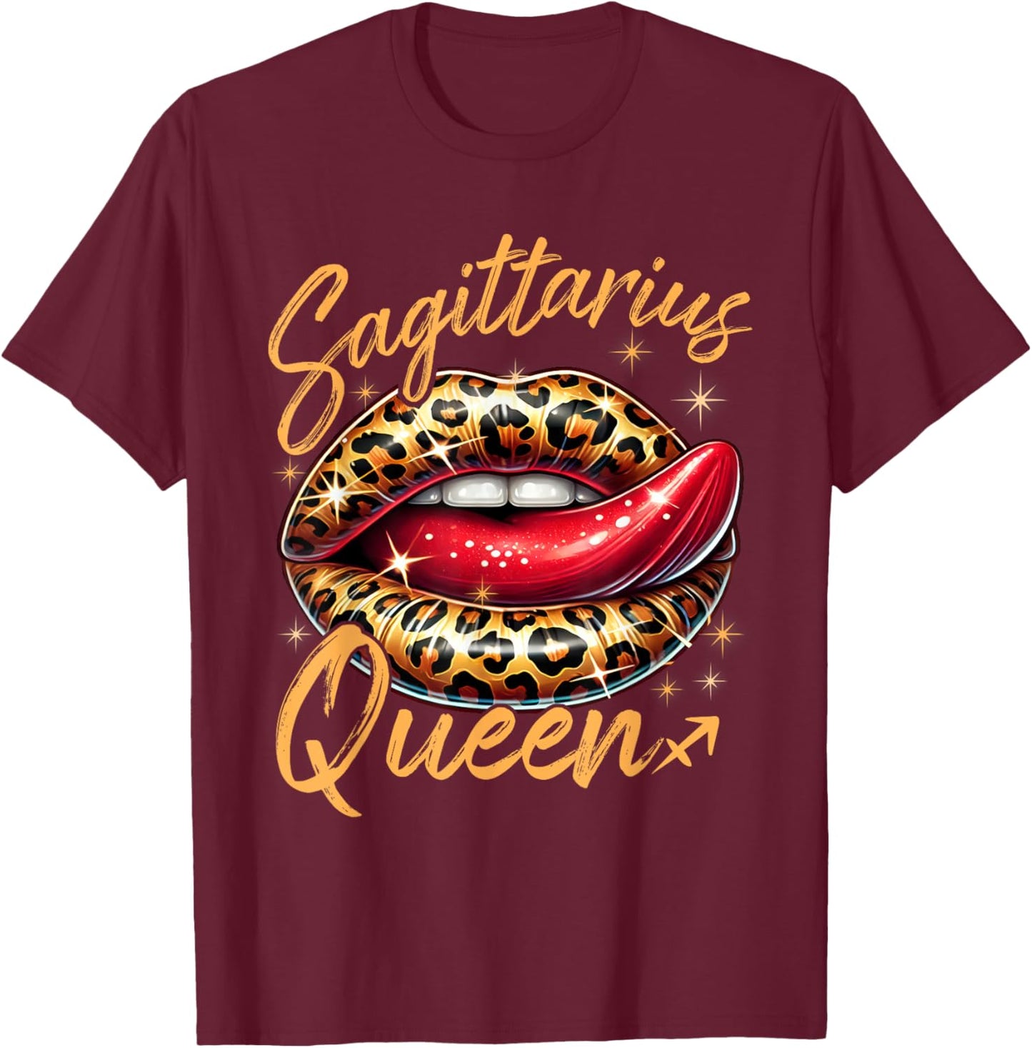 Sagittarius Queen Zodiac Sign With Leopard Print Juicy Lips T-Shirt - T-Shirt | Maroon
