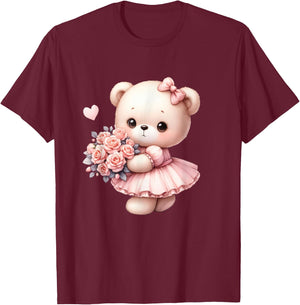 Coquette Teddy Bear Bow Simple Pink Cute Girl T-Shirt - T-Shirt | Maroon