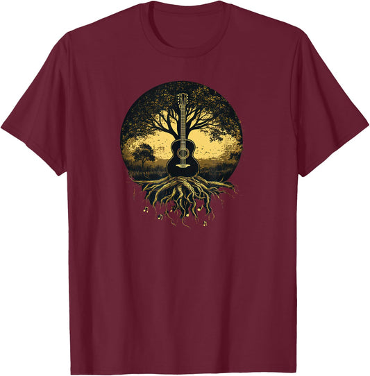 Acoustic Guitar Tree Lake Nature Folk Music Graphic T-Shirt - T-Shirt | Maroon