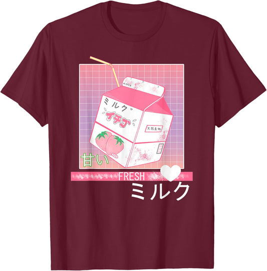 90s Japanese Otaku Stylish Aesthetic Milk T-Shirt - T-Shirt | Maroon