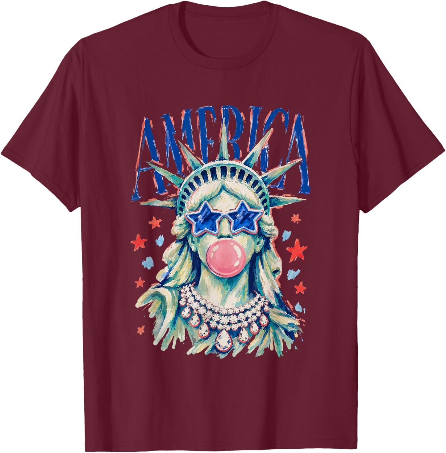 Statue of Liberty Blowing Bubble Girly America 4th of July T-Shirt - T-Shirt | Maroon